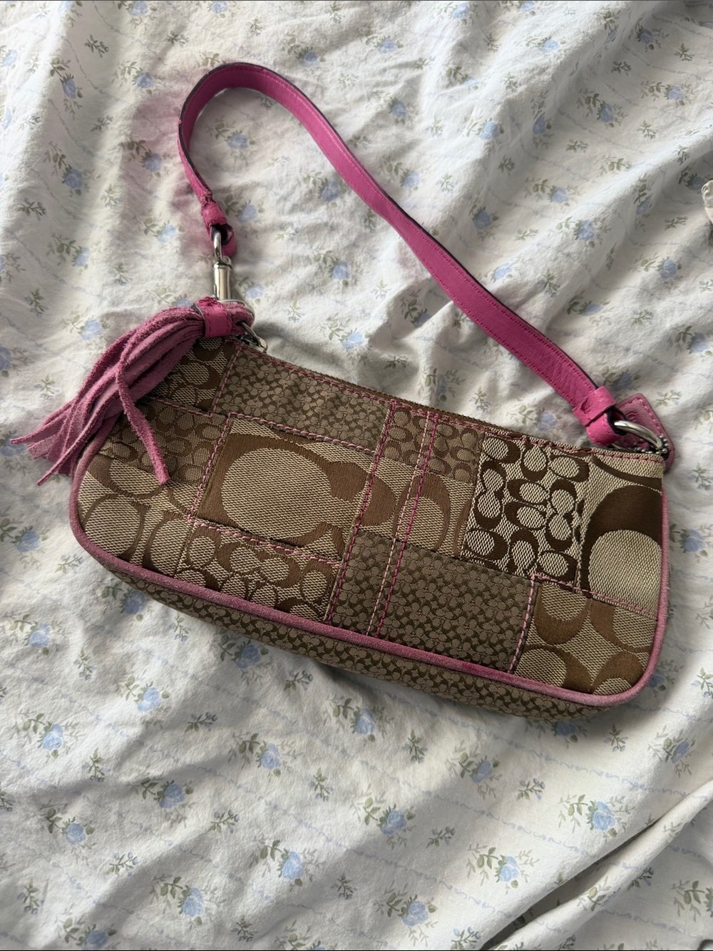Coach Brown Signature Patchwork Shoulder Bag with Pink Trim